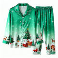 Holiday Couple Button-Up Christmas Pattern Printed Green Satin Christmas Pajamas Set