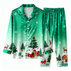 Holiday Family Button-Up Christmas Pattern Printed Green Satin Christmas Pajamas Set