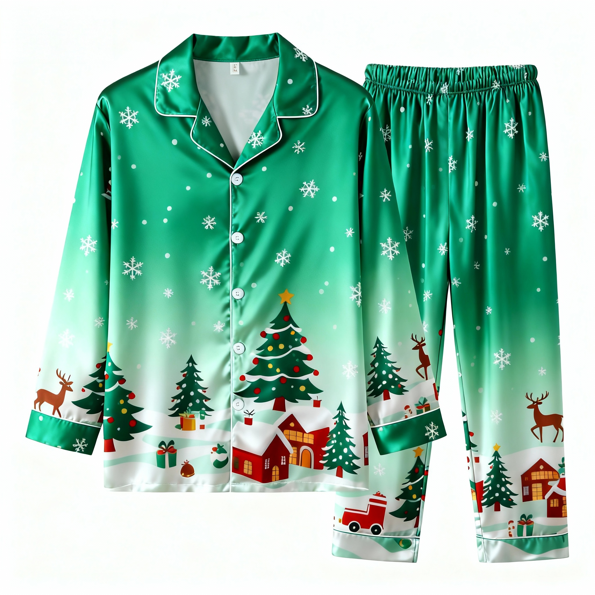 Holiday Family Button-Up Christmas Pattern Printed Green Satin Christmas Pajamas Set
