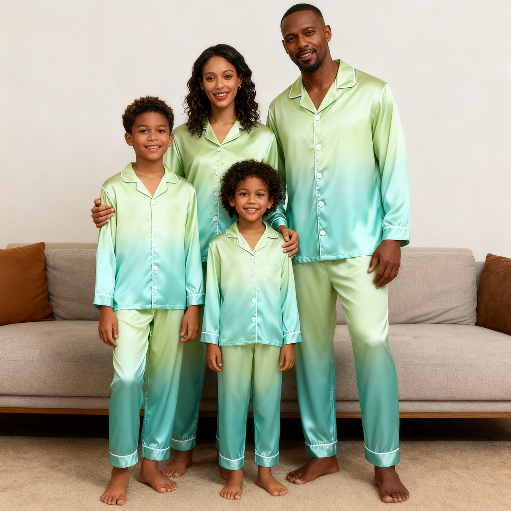 Gradient Color Satin Button-Up Family Christmas Pajamas Set