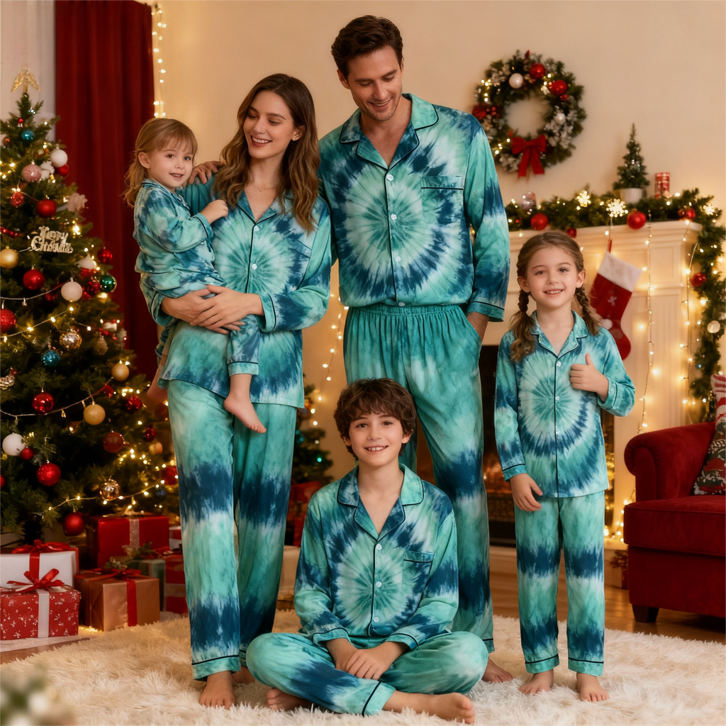 Holiday Family Button-Up Green Tie-dyed Christmas Pajamas Set