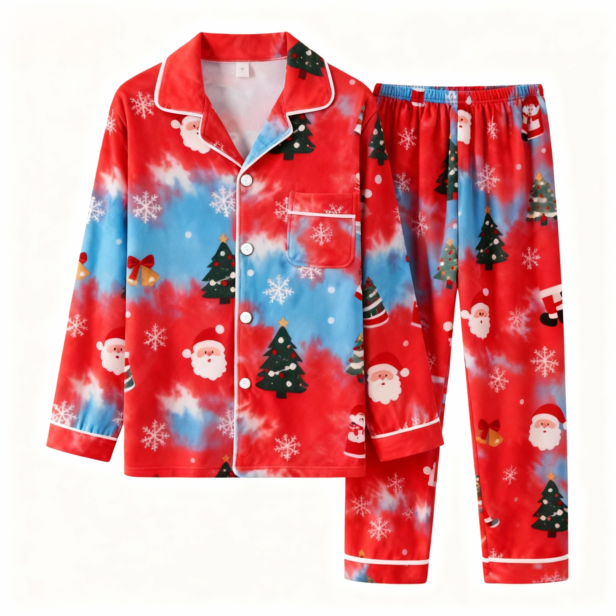 Holiday Family Button-Up Red Tie-dyed Christmas Pajamas Set