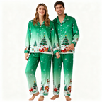 Holiday Family Button-Up Christmas Pattern Printed Green Satin Christmas Pajamas Set
