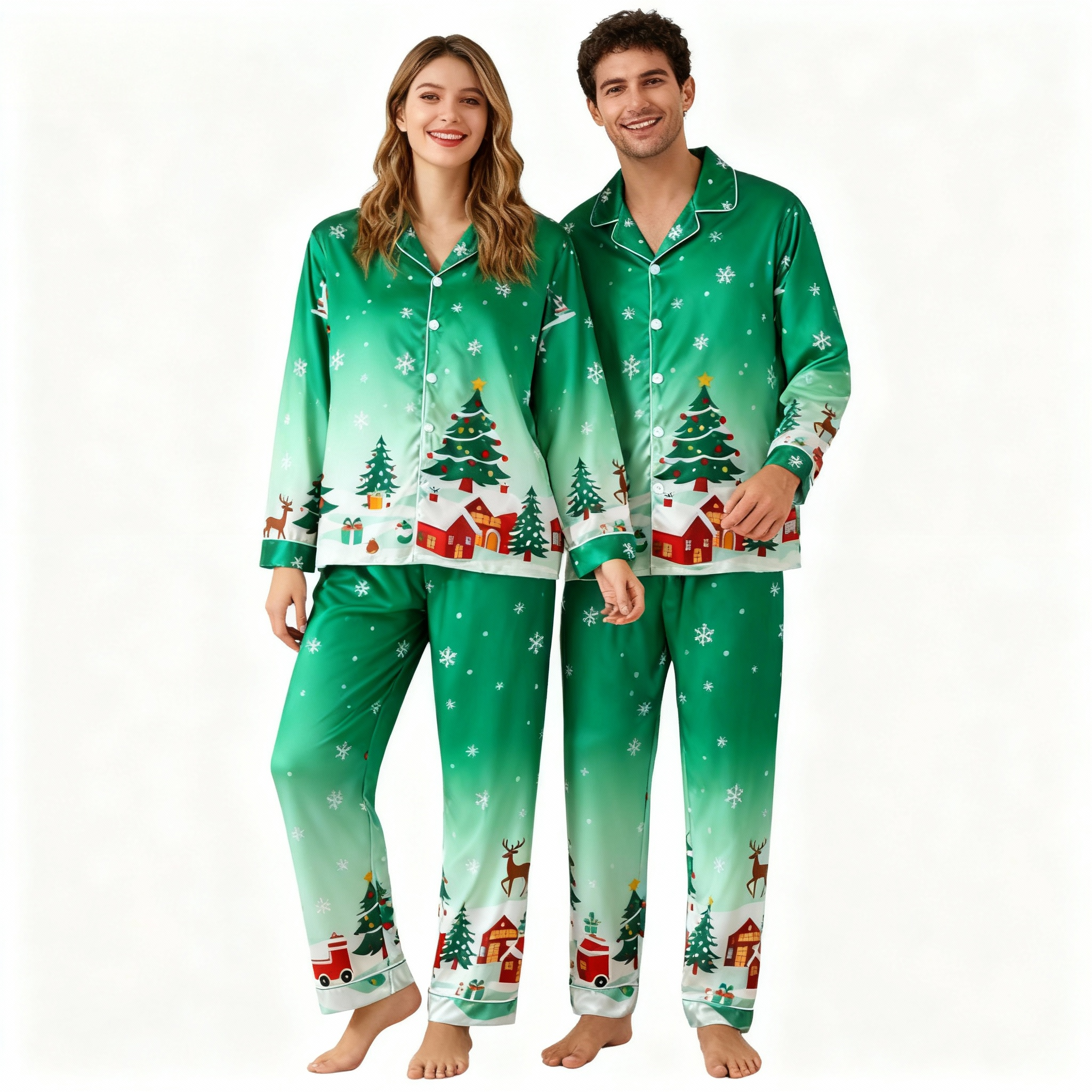 Holiday Family Button-Up Christmas Pattern Printed Green Satin Christmas Pajamas Set