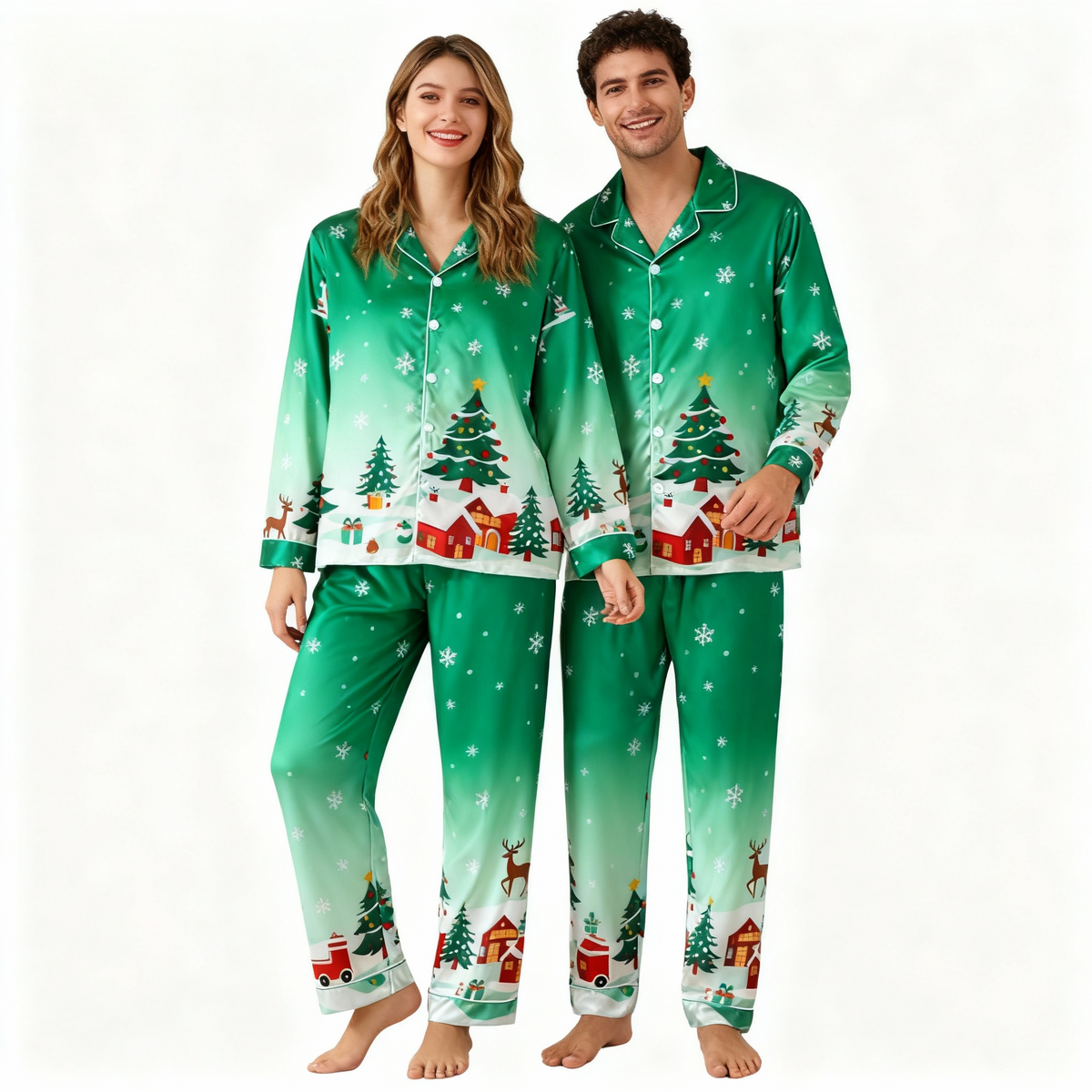 Holiday Family Button-Up Christmas Pattern Printed Green Satin Christmas Pajamas Set