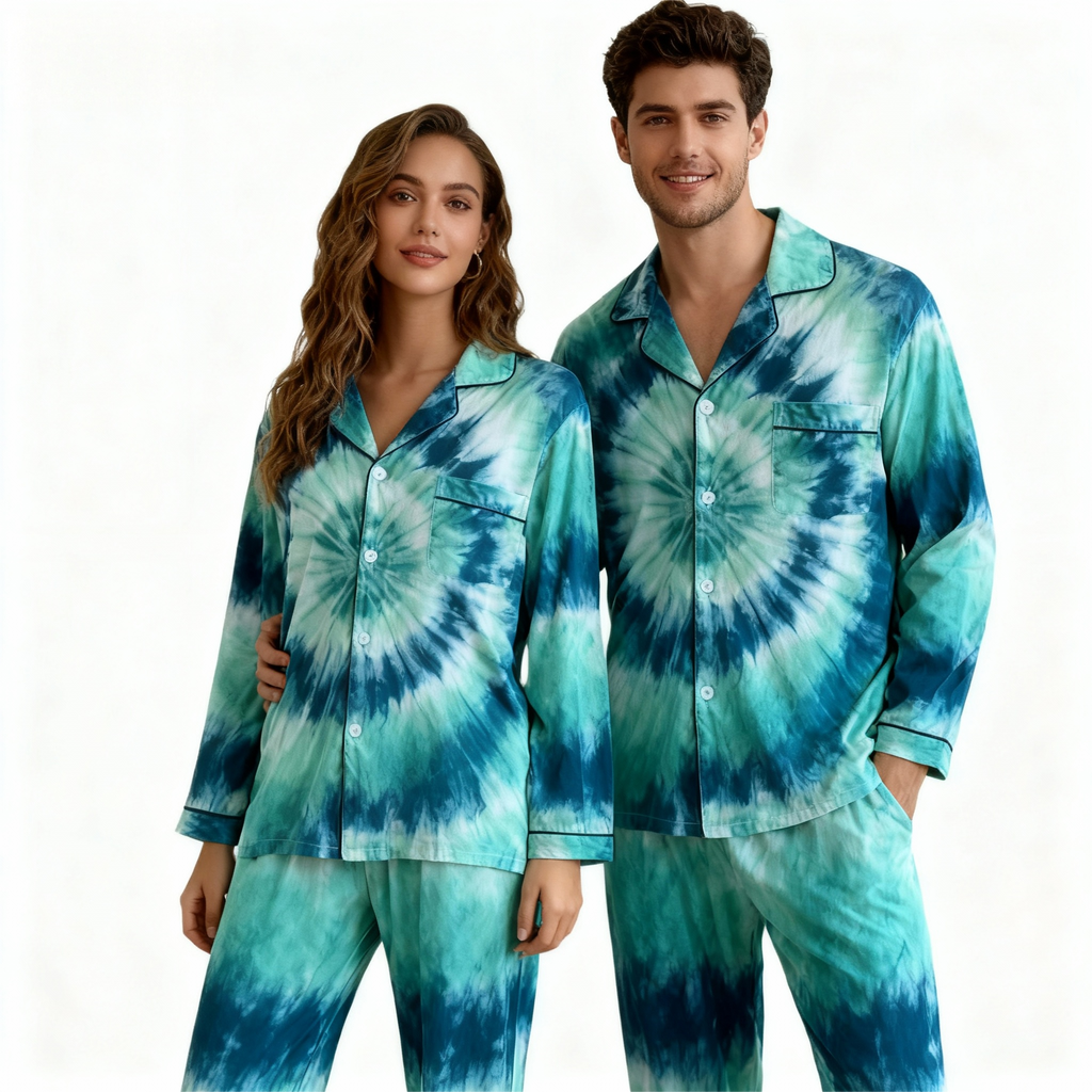 Holiday Family Button-Up Green Tie-dyed Christmas Pajamas Set