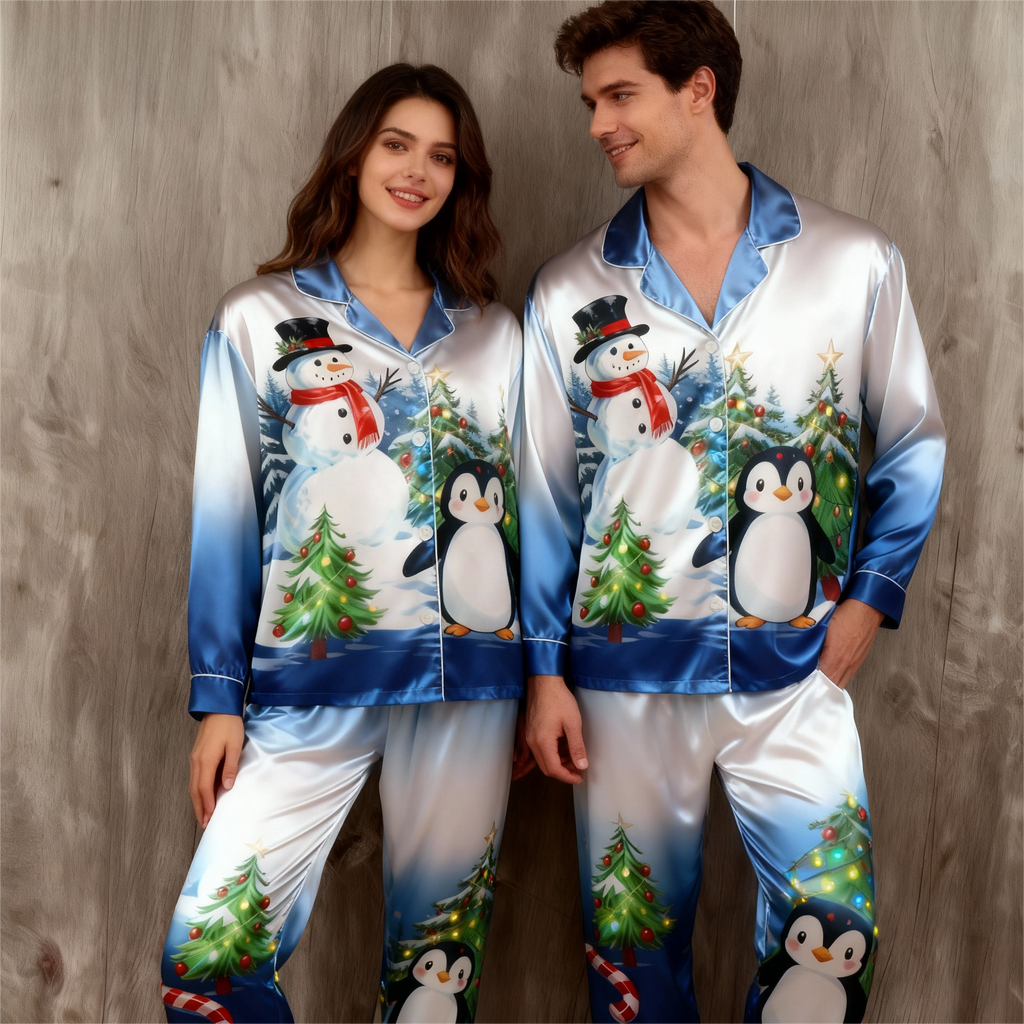 Joyful & Coordinated Satin Couple Christmas Pajamas Set