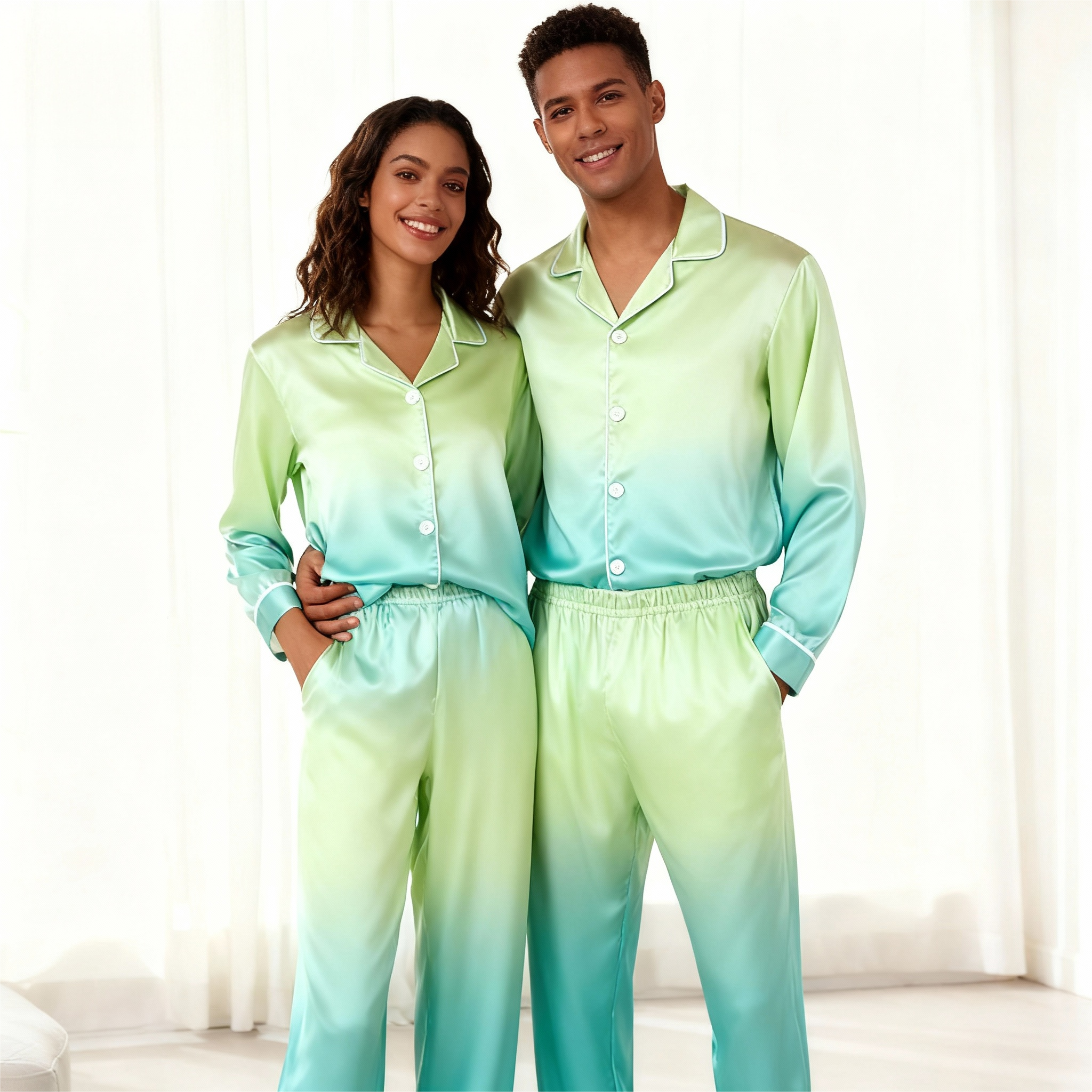 Gradient Color Satin Button-Up Couple Christmas Pajamas Set