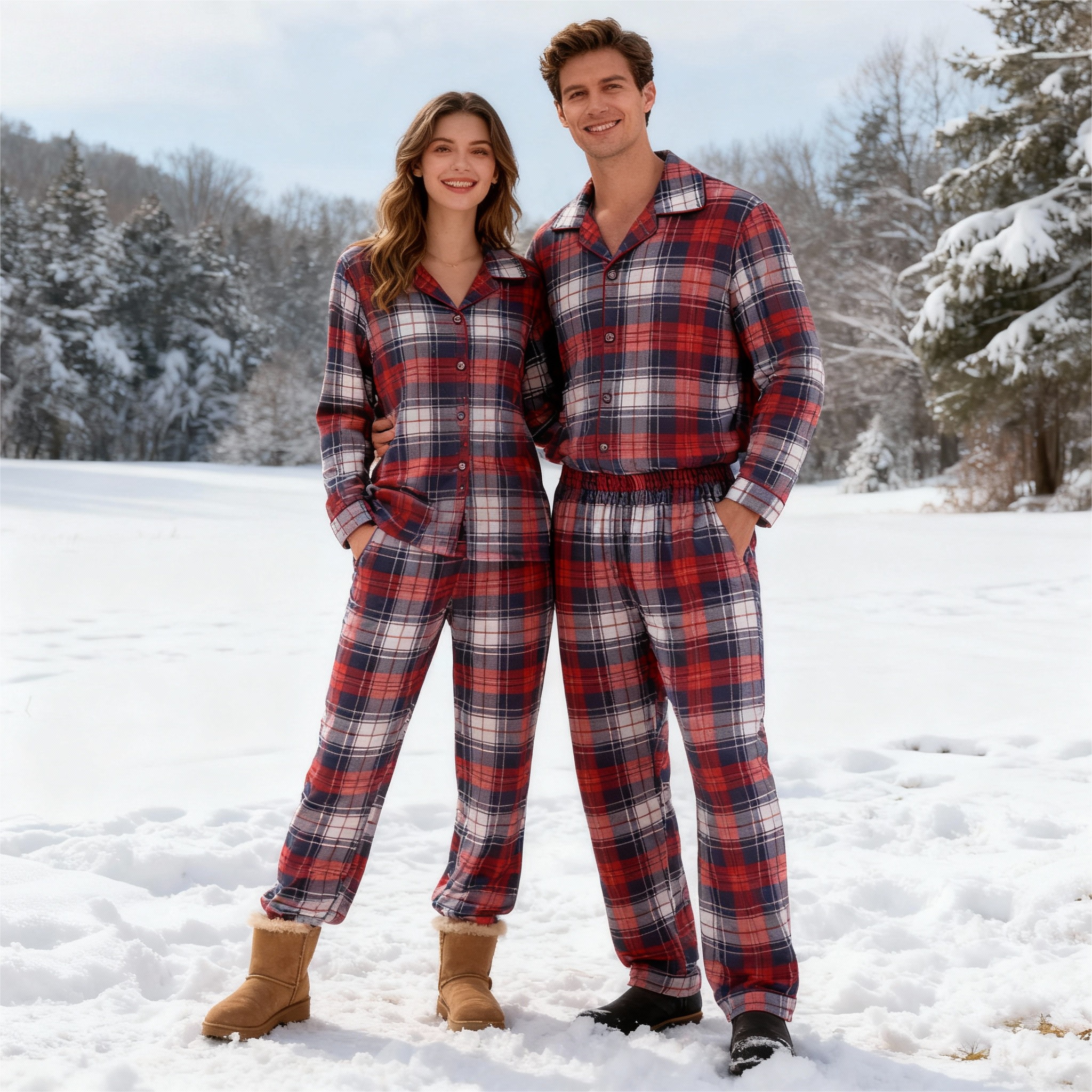 Cozy Button-Front Plaid PJ Sets for Christmas