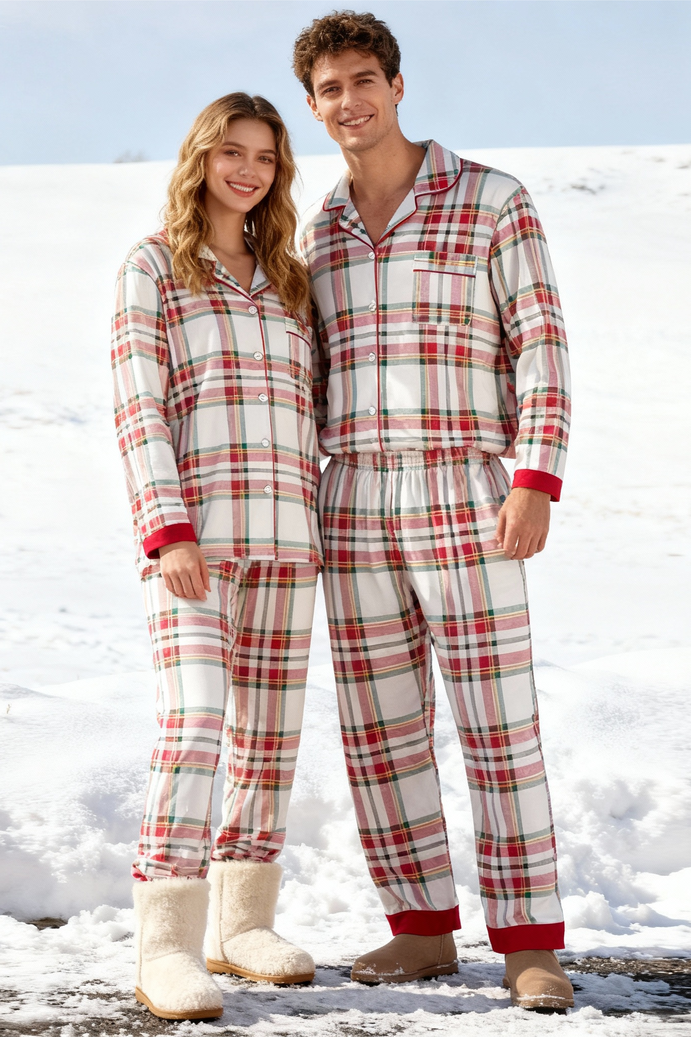 Christmas Plaid Couple Pajama Set - Button Front
