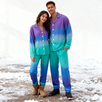 Color Block Collar Button-Up Pajama Set for Couple