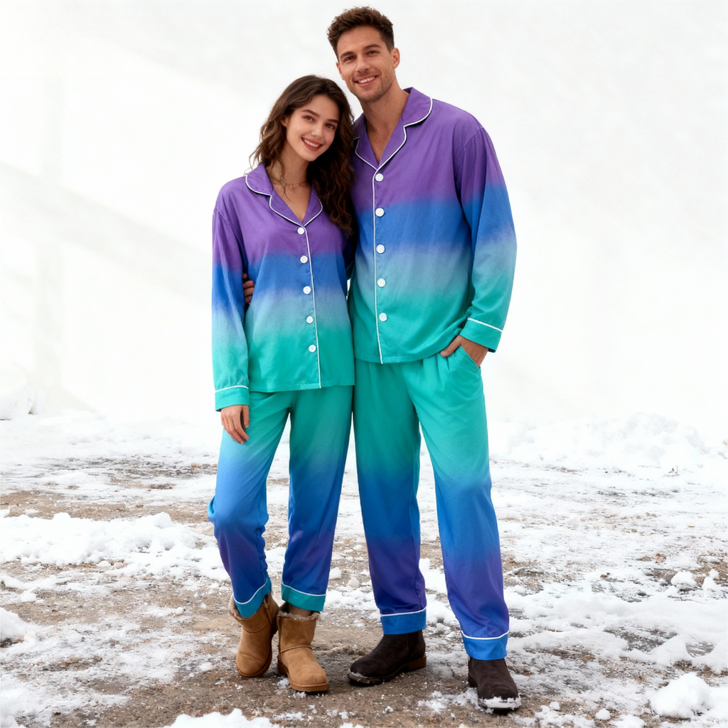 Color Block Collar Button-Up Pajama Set for Couple