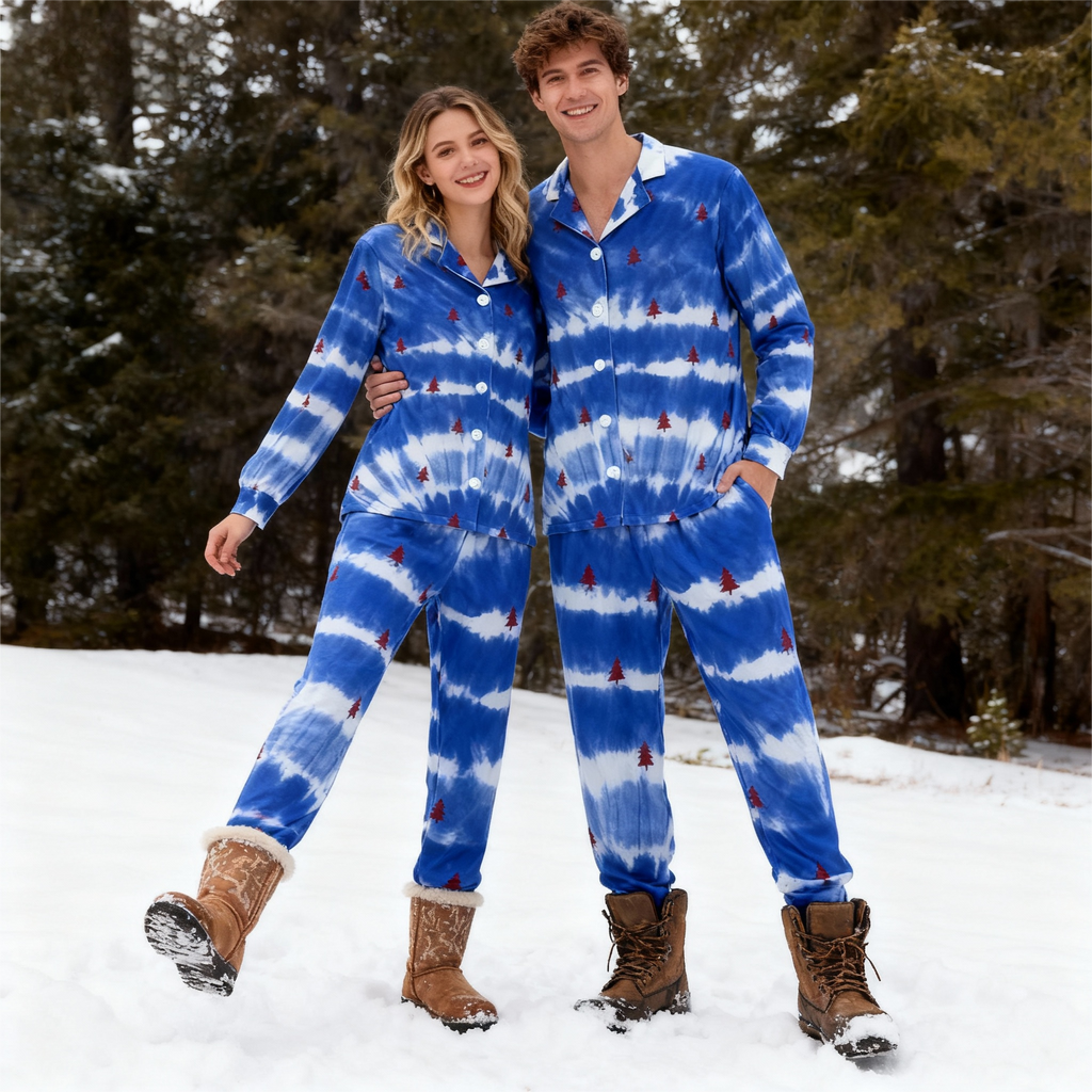Holiday Family Button-Up Blue & Tree Tie-dyed Christmas Pajamas Set