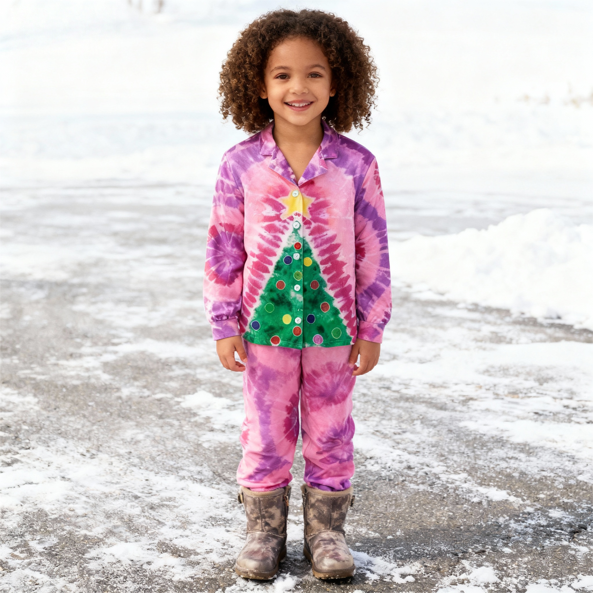 Holiday Family Button-Up Pink Tie-dyed Christmas Pajamas Set