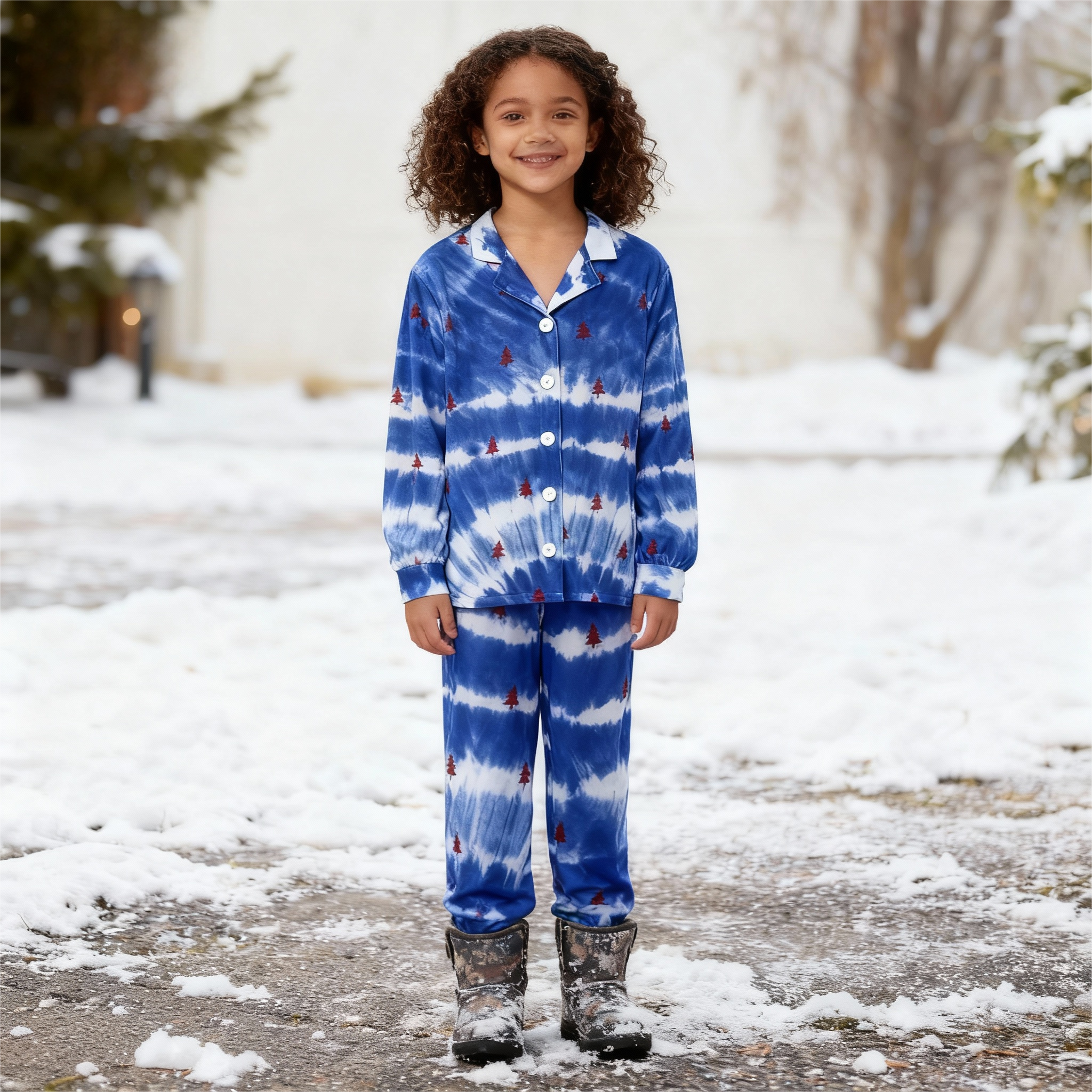 Holiday Family Button-Up Blue & Tree Tie-dyed Christmas Pajamas Set