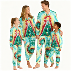 Holiday Family Button-Up Green & Yellow Tie-dyed Christmas Pajamas Set