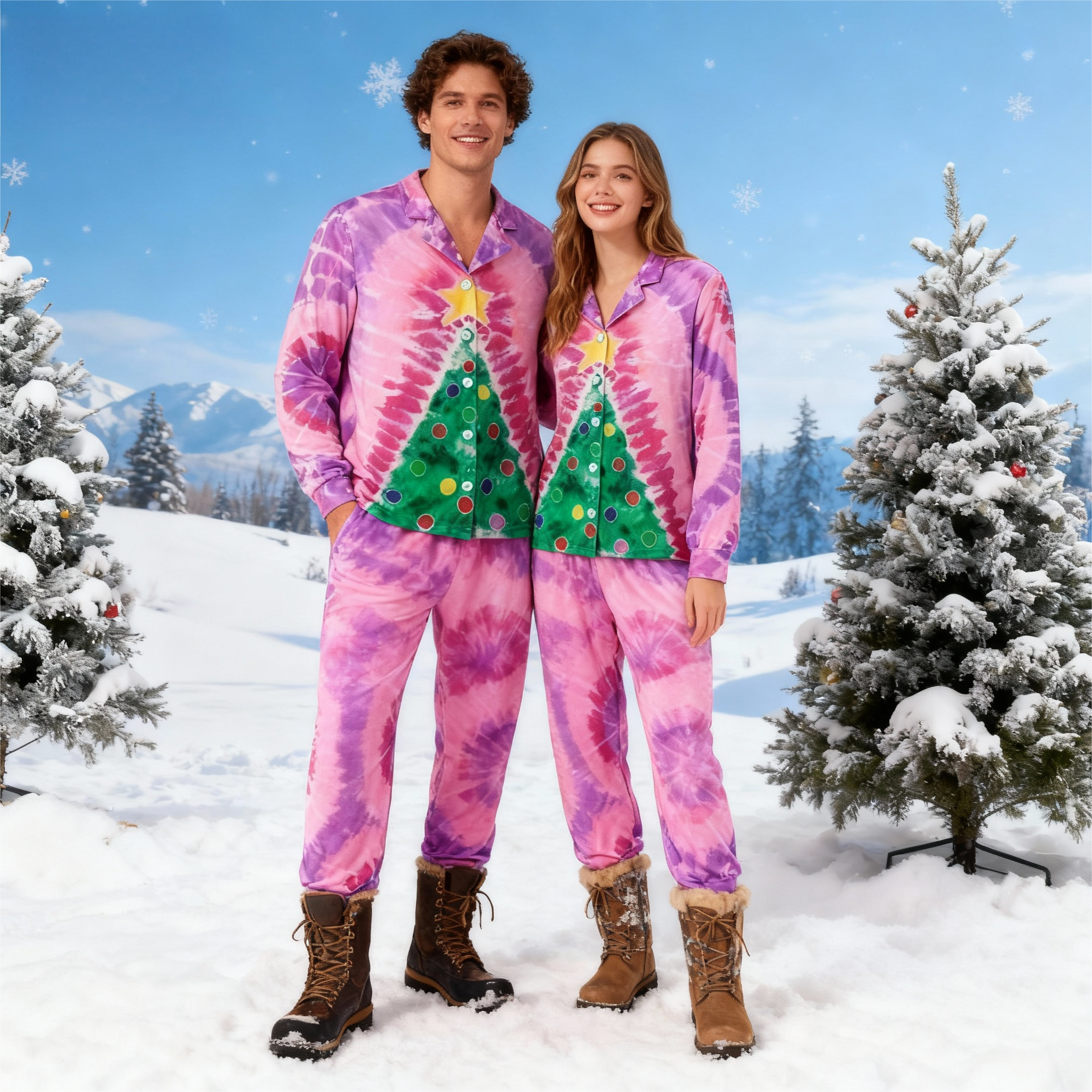 Holiday Family Button-Up Pink Tie-dyed Christmas Pajamas Set