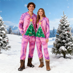 Holiday Couple Button-Up Pink Tie-dyed Christmas Pajamas Set