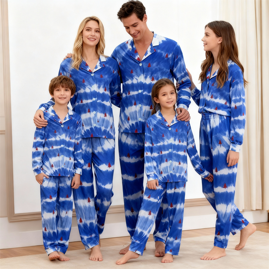 Holiday Family Button-Up Blue & Tree Tie-dyed Christmas Pajamas Set
