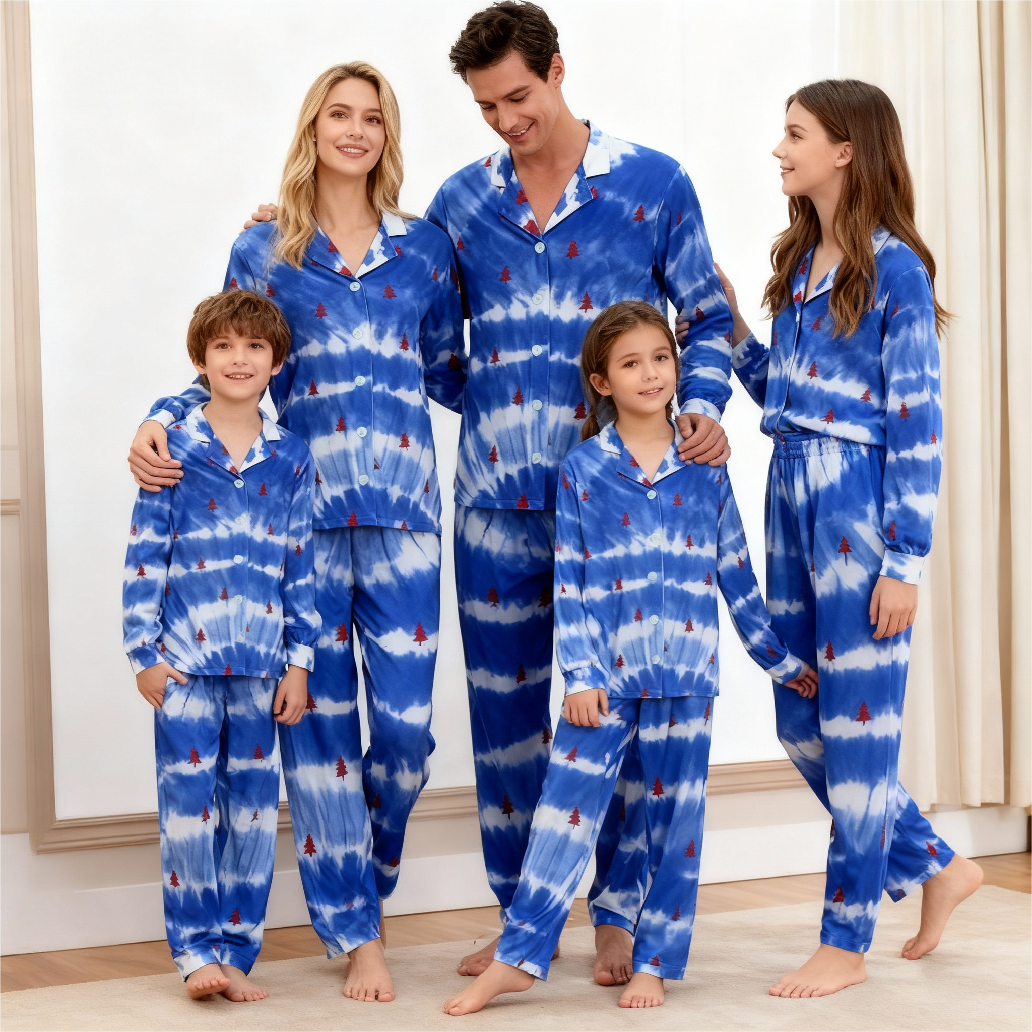 Holiday Family Button-Up Blue & Tree Tie-dyed Christmas Pajamas Set