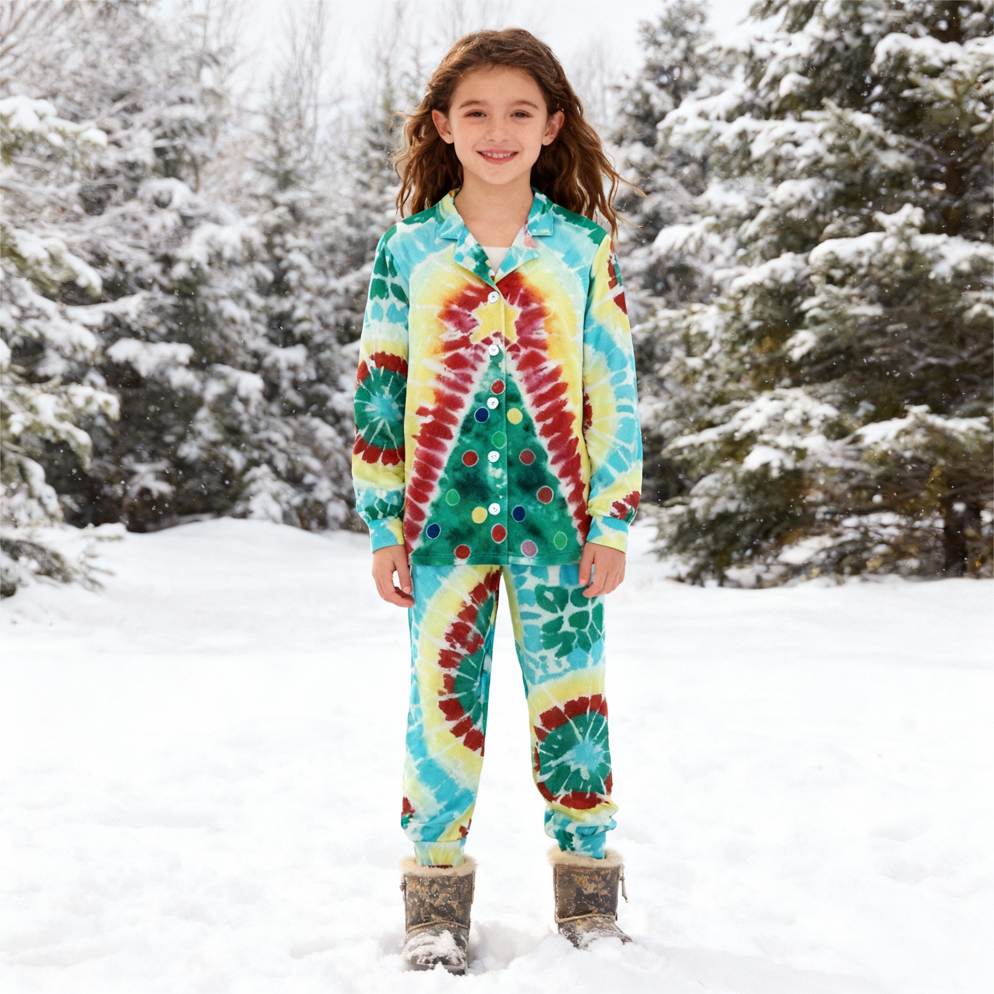 Holiday Family Button-Up Green & Yellow Tie-dyed Christmas Pajamas Set