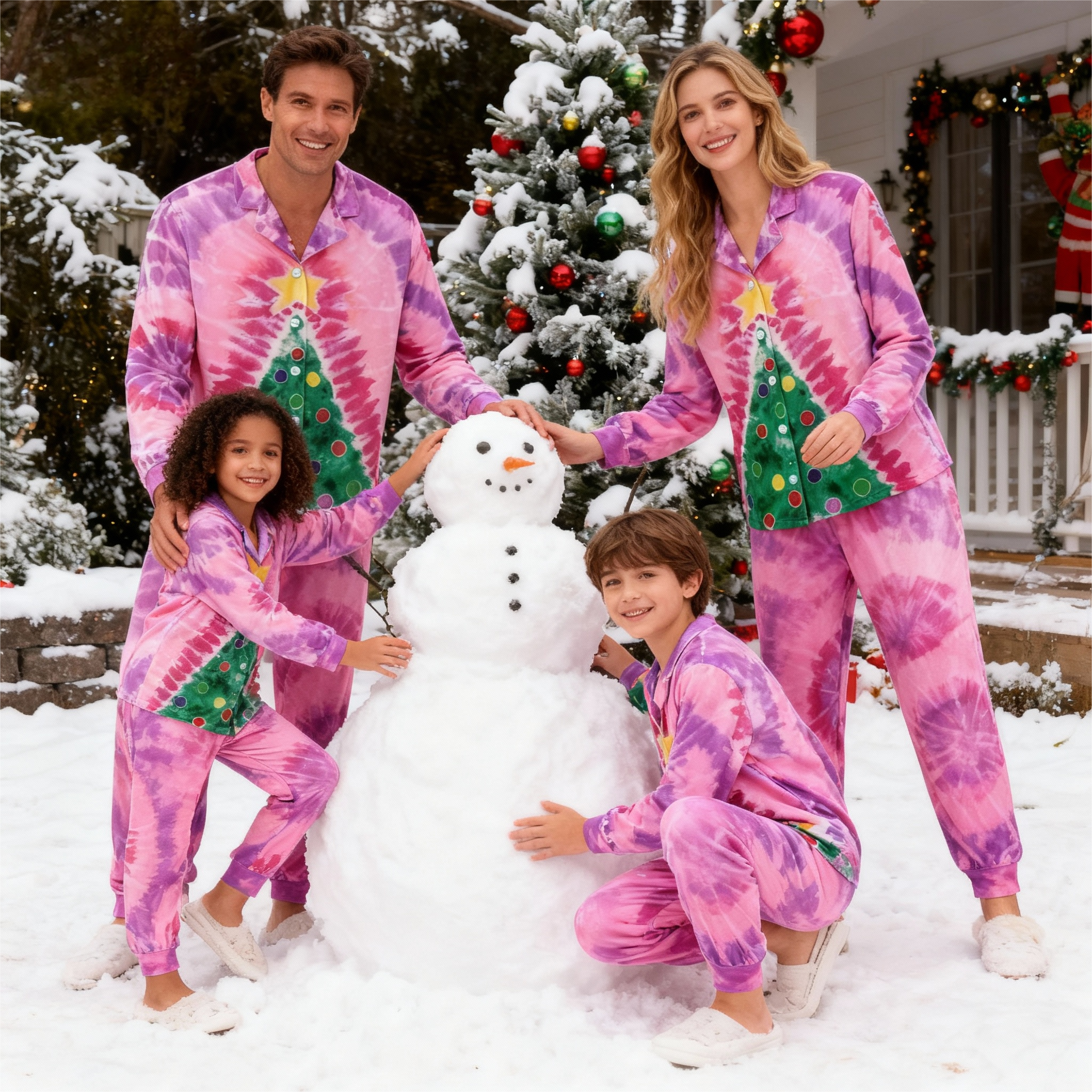 Holiday Family Button-Up Pink Tie-dyed Christmas Pajamas Set