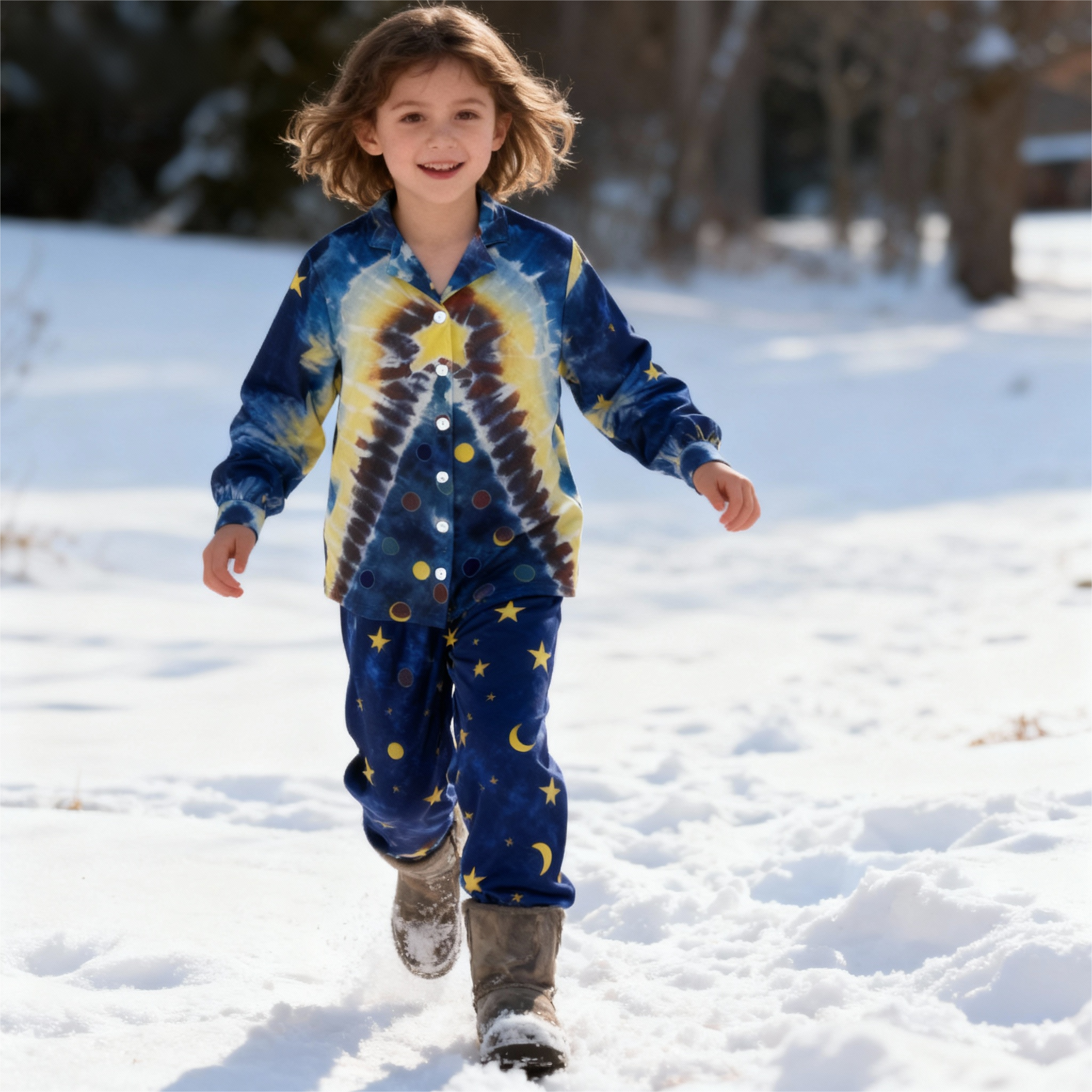 Holiday Family Button-Up Blue Tie-dyed Christmas Pajamas Set