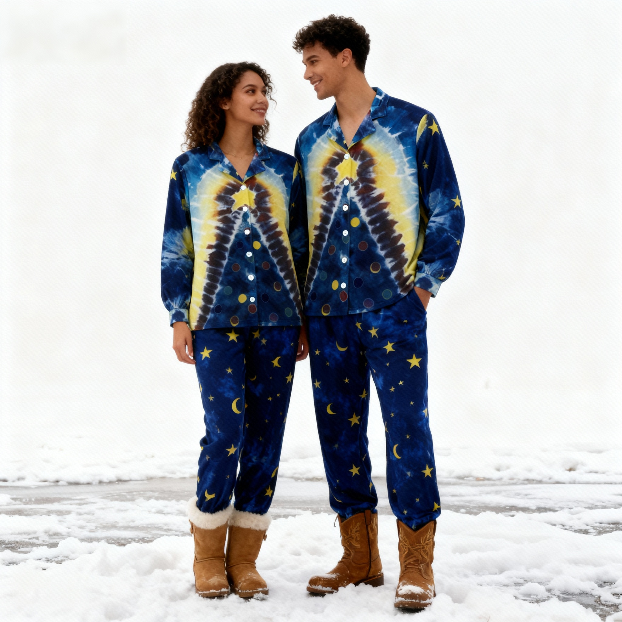 Holiday Family Button-Up Blue Tie-dyed Christmas Pajamas Set