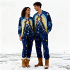 Holiday Couple Button-Up Blue Tie-dyed Christmas Pajamas Set
