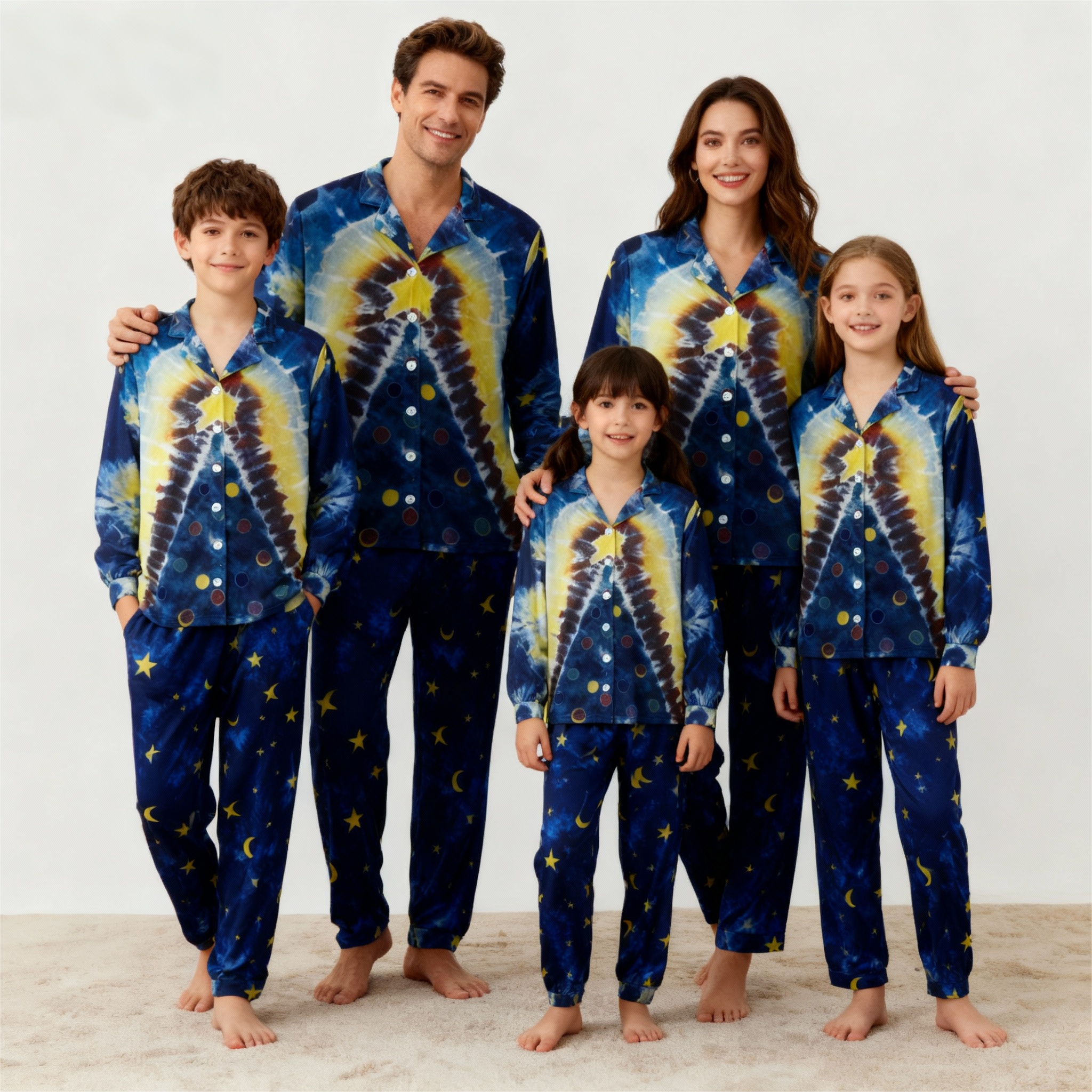 Holiday Family Button-Up Blue Tie-dyed Christmas Pajamas Set