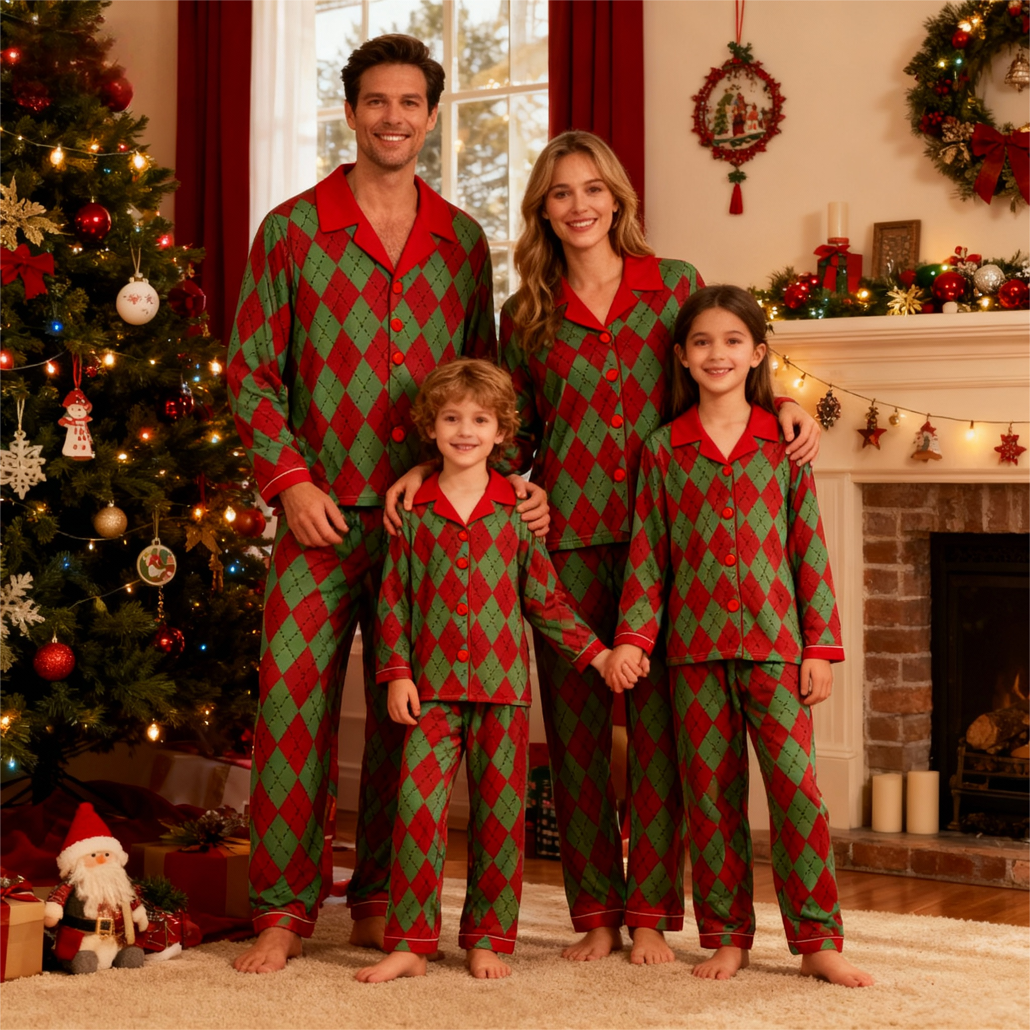 Family Button-Up Red&Green Pajamas Set