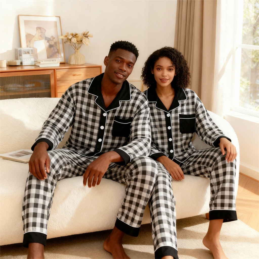 Couple Button-Up Plaid Pajamas Set