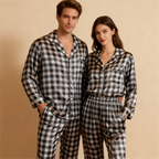 Couple Button-Up Plaid Satin Pajamas Set