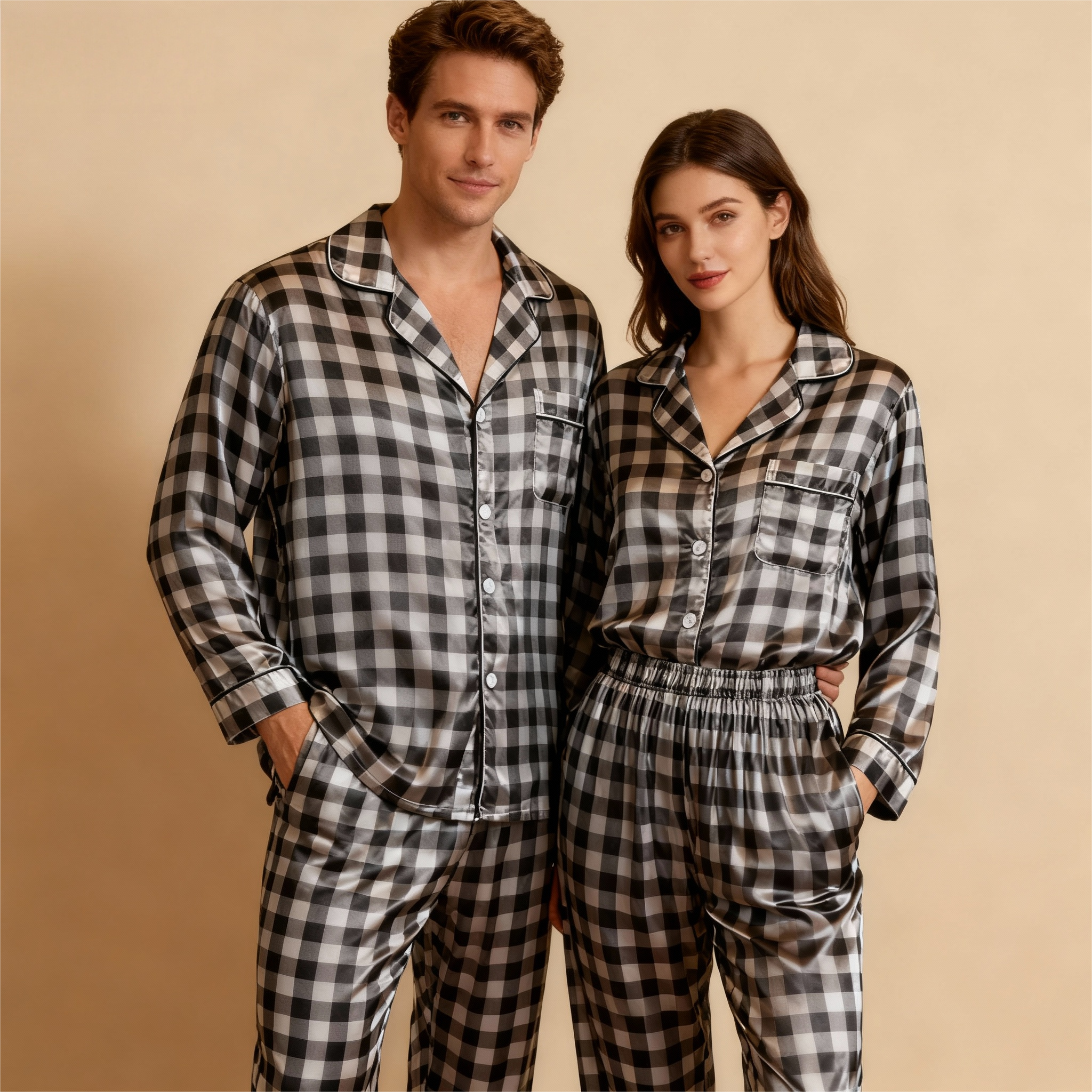Couple Button-Up Plaid Satin Pajamas Set