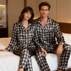 Couple Button-Up Plaid Satin Pajamas Set