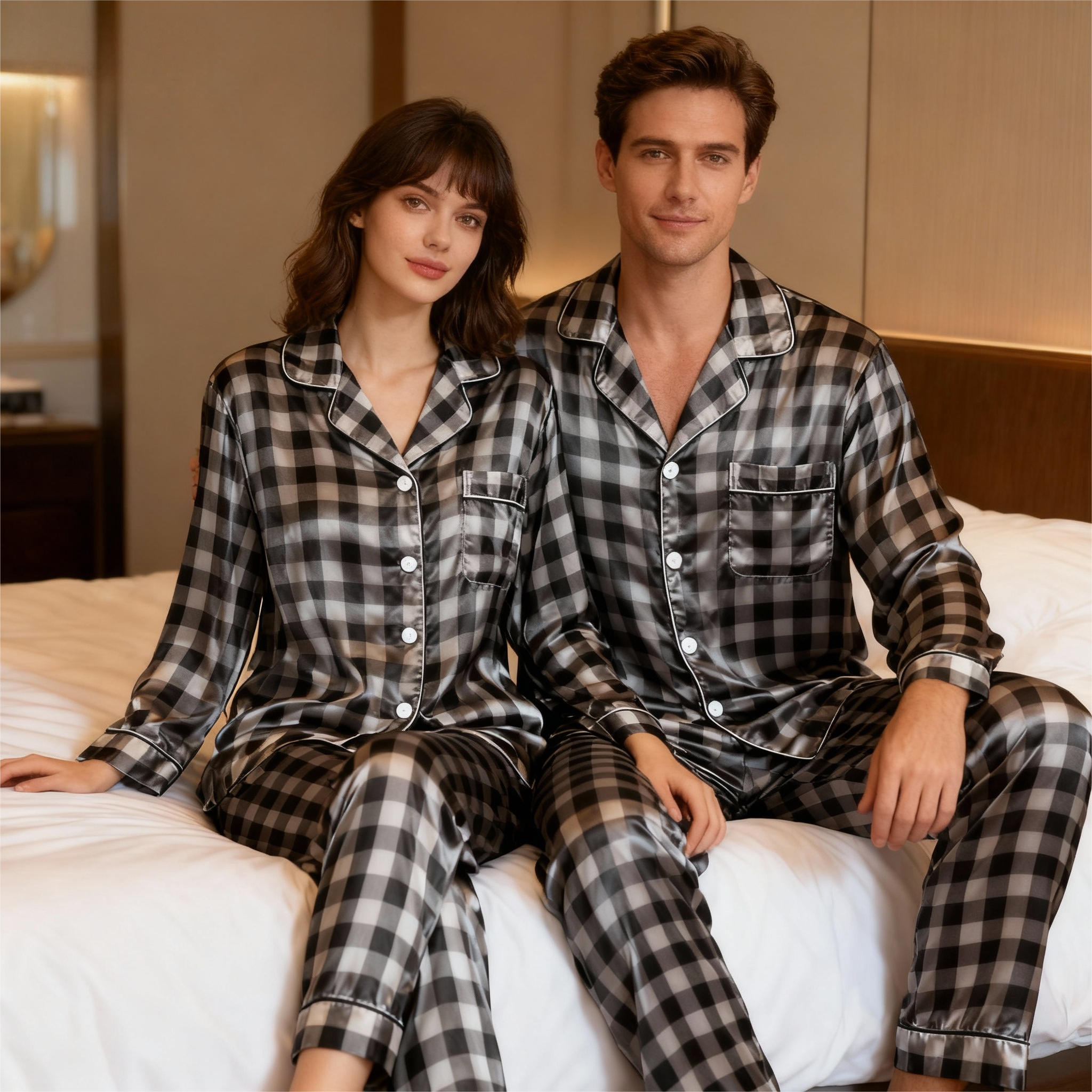 Couple Button-Up Plaid Satin Pajamas Set