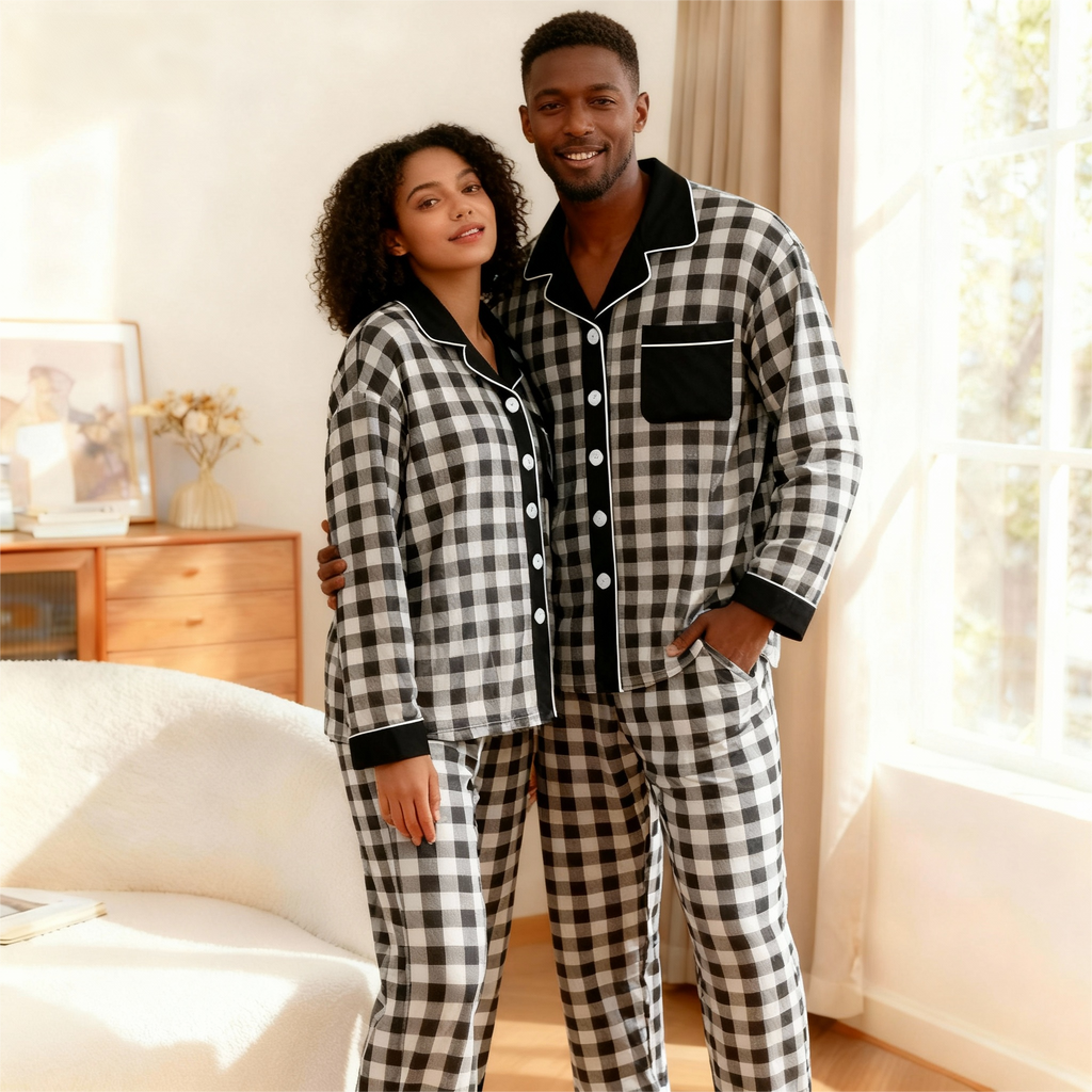 Couple Button-Up Plaid Pajamas Set