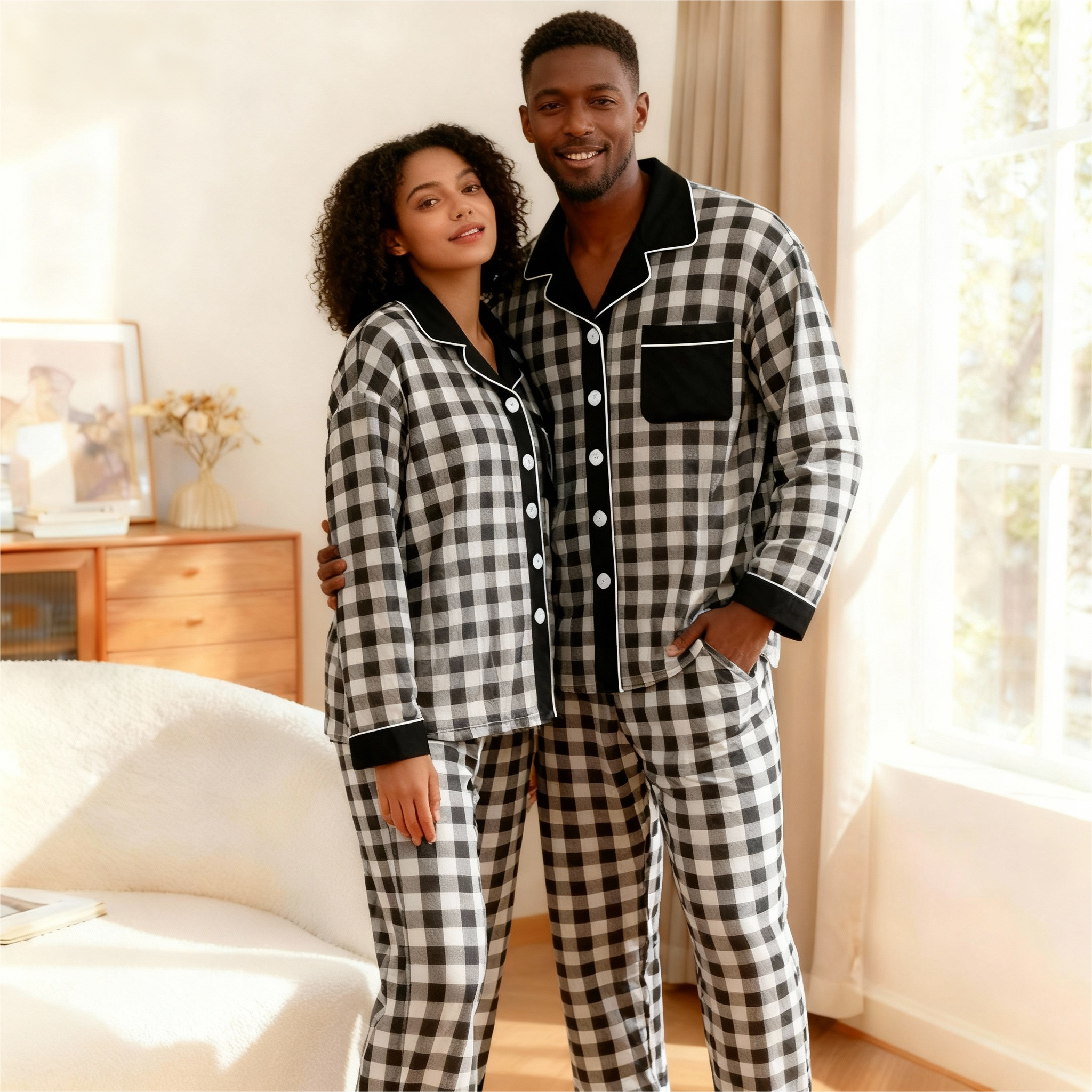 Couple Button-Up Plaid Pajamas Set