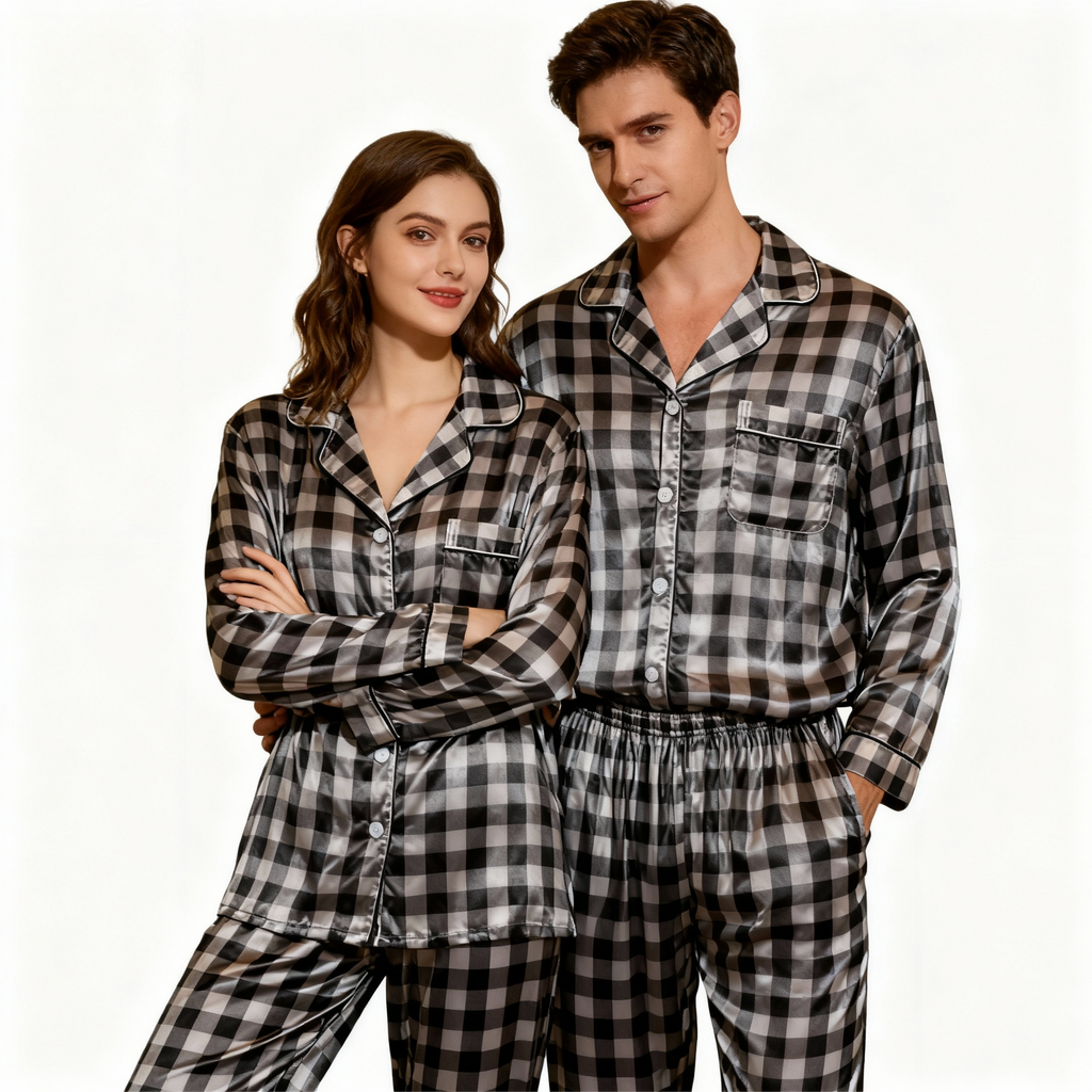 Couple Button-Up Plaid Satin Pajamas Set