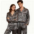 Couple Button-Up Plaid Satin Pajamas Set