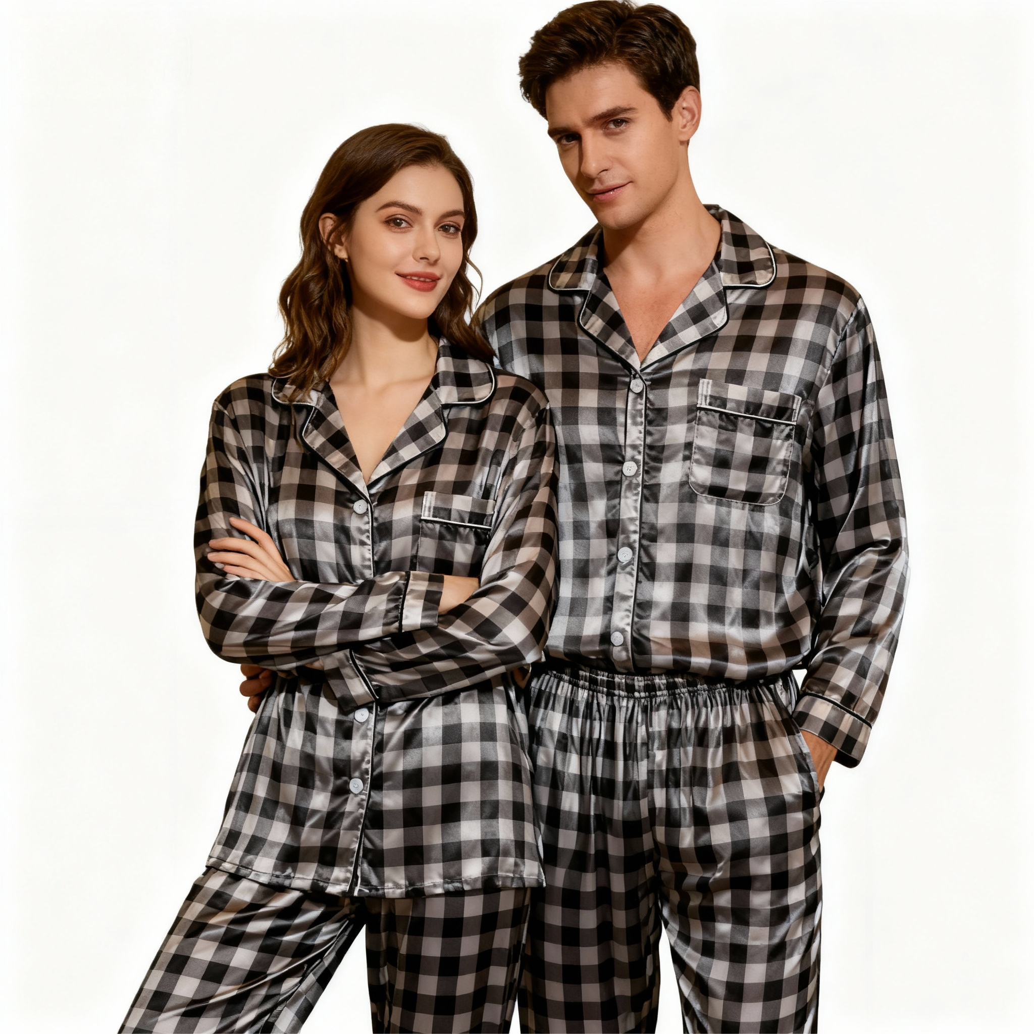 Couple Button-Up Plaid Satin Pajamas Set