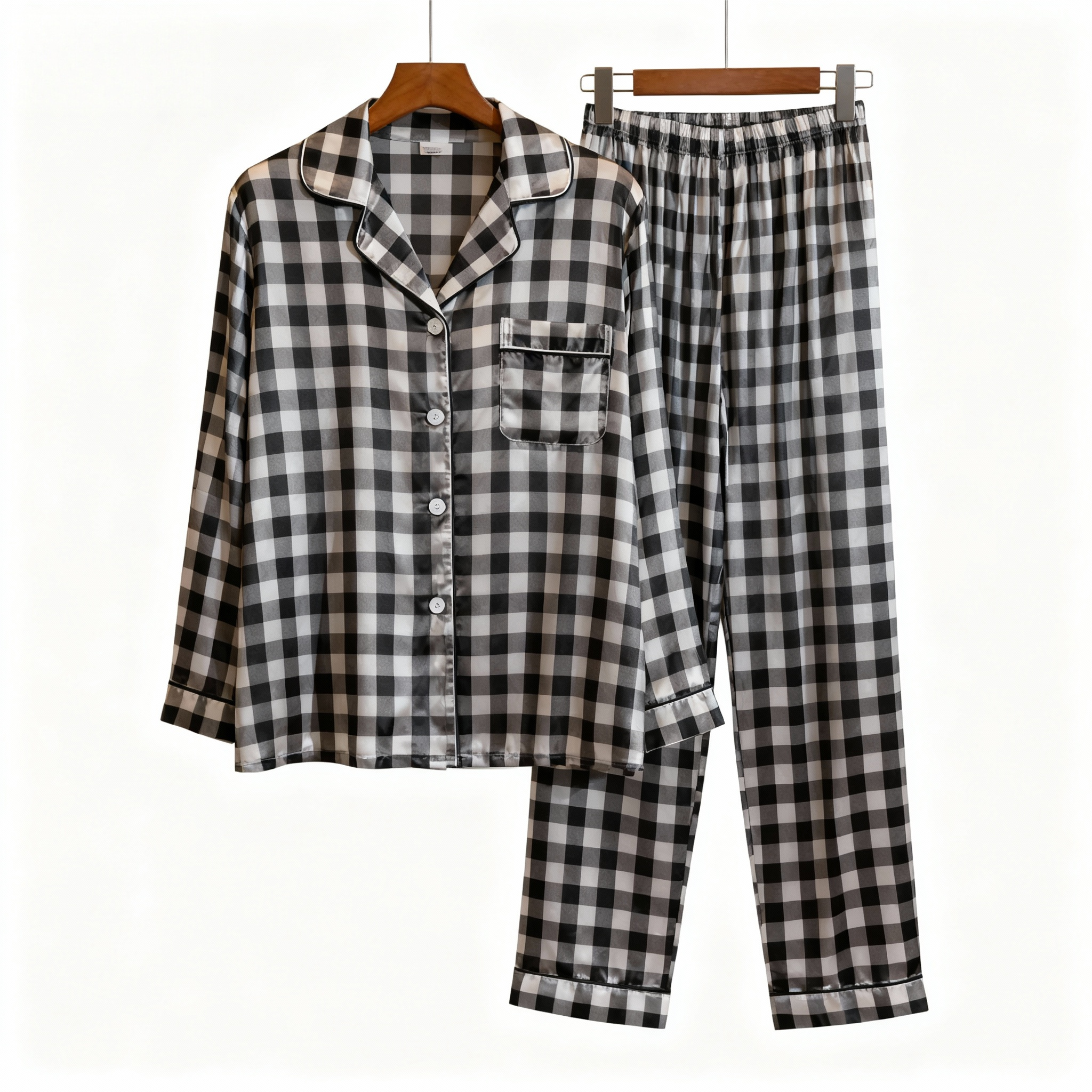 Couple Button-Up Plaid Satin Pajamas Set