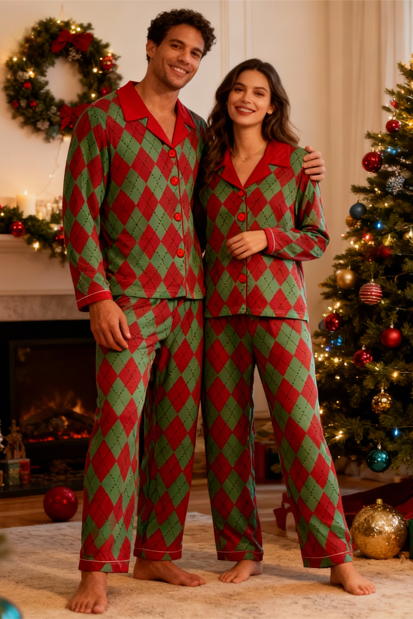 Couple Button-Up Red&Green Pajamas Set
