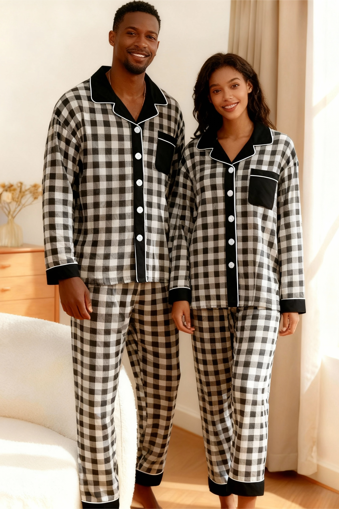 Couple Button-Up Plaid Pajamas Set