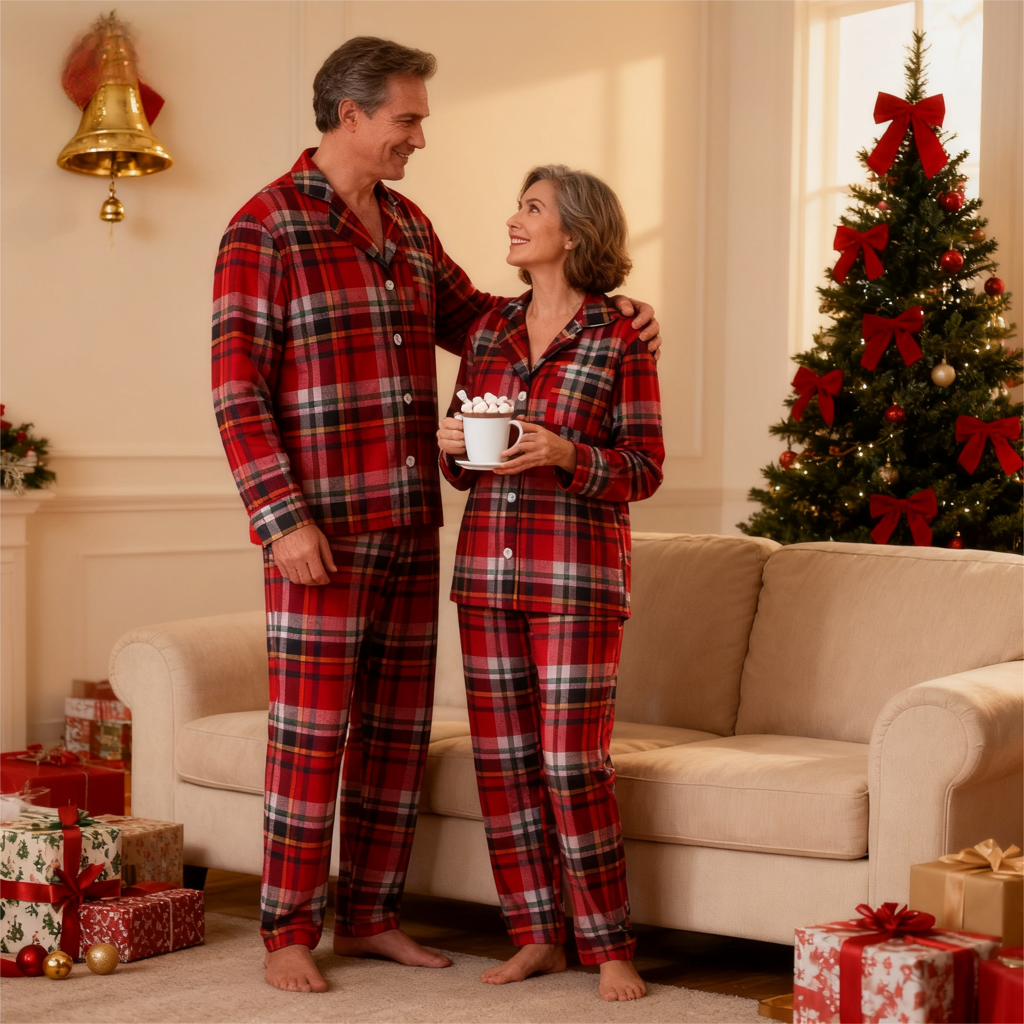 Christmas Couple Button-Up Red Plaid Pajamas Set