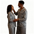 Couple Button-Up Plaid Satin Pajamas Set