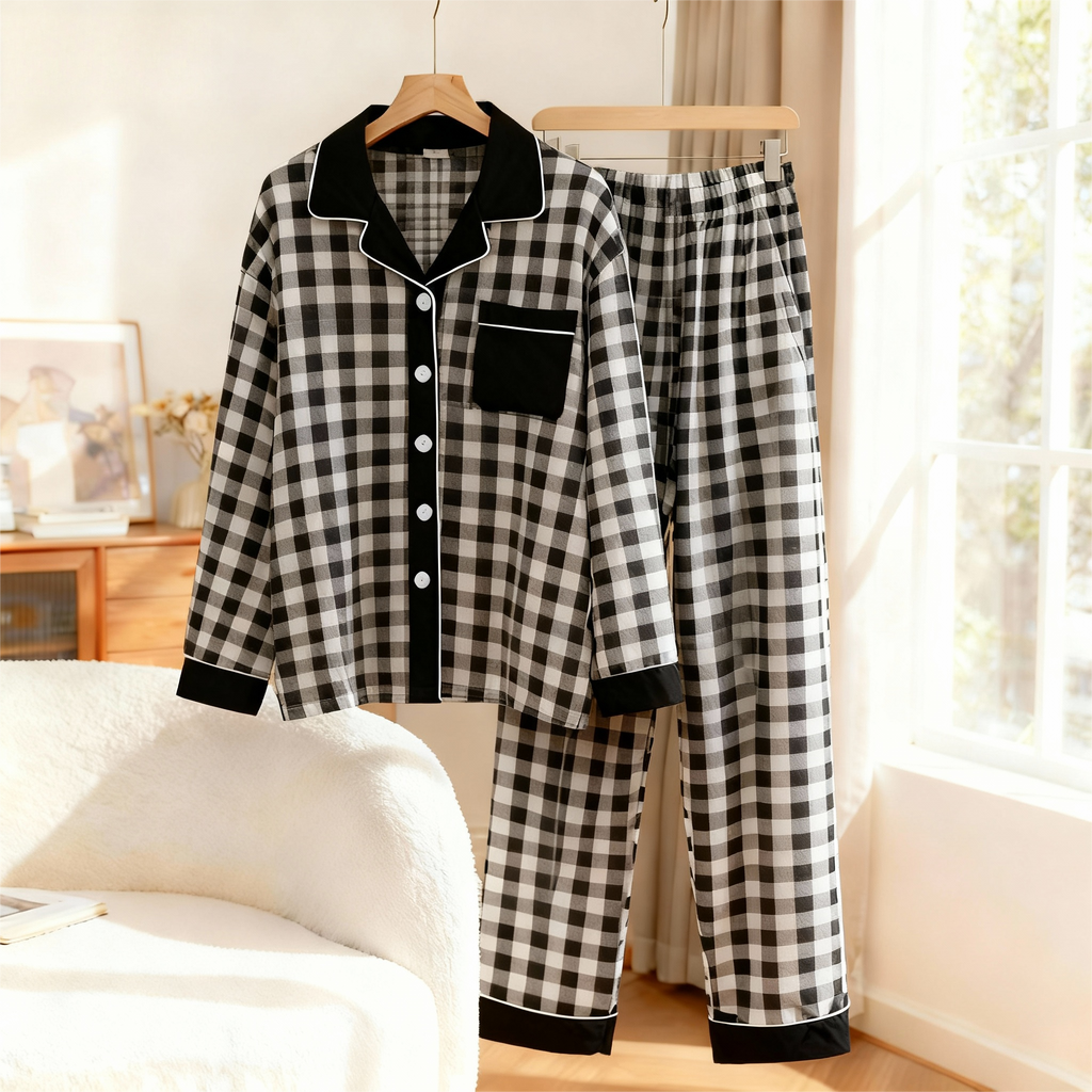 Couple Button-Up Plaid Pajamas Set