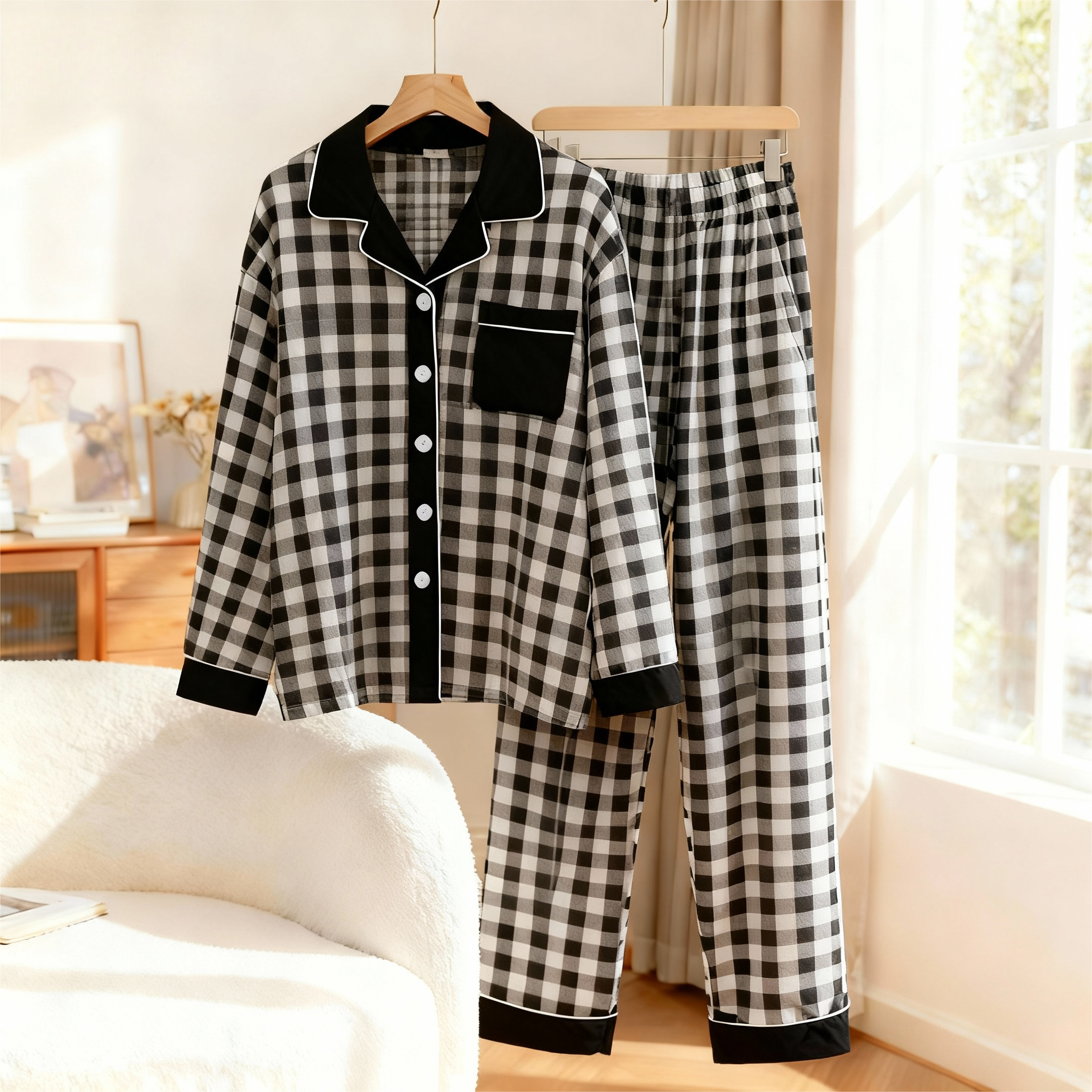 Couple Button-Up Plaid Pajamas Set