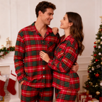 Festive Red and Green Plaid Button-Up Pajamas Set for Couple