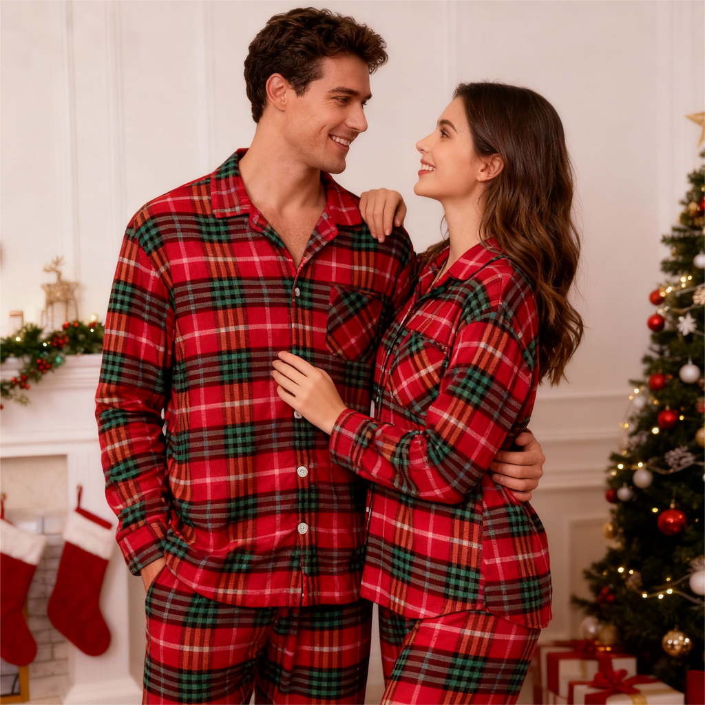 Festive Red and Green Plaid Button-Up Pajamas Set for Family
